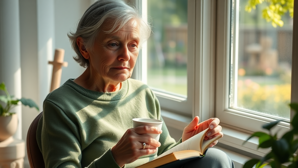 older woman living with purpose, writing in gratitude journal, sunlight by window