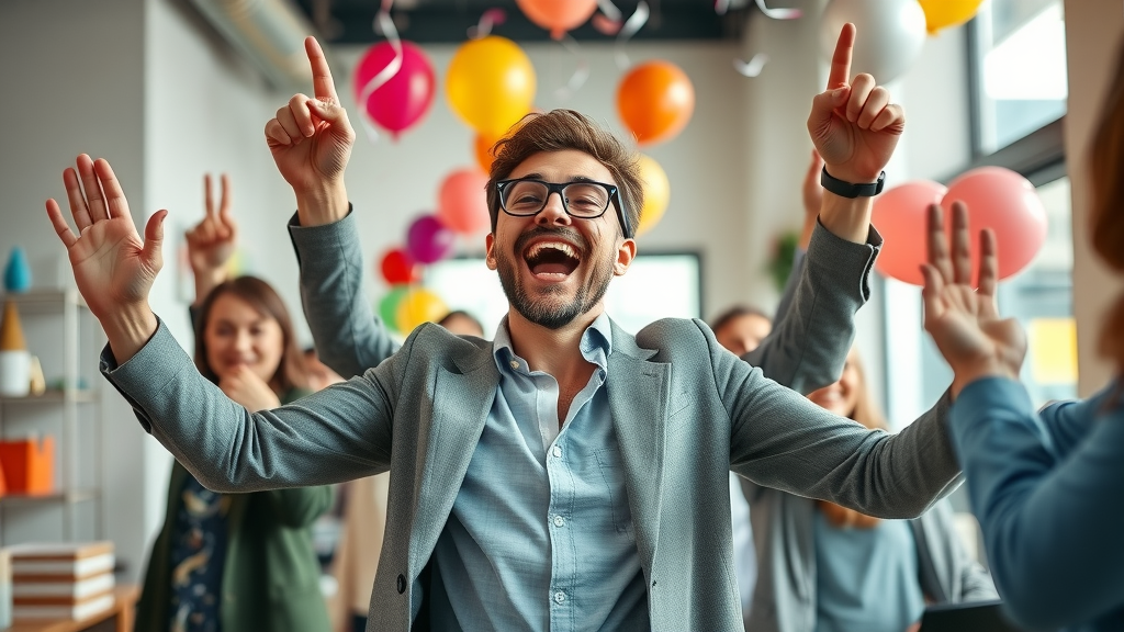 triumphant entrepreneur celebrating with team after overcoming money blocks in business