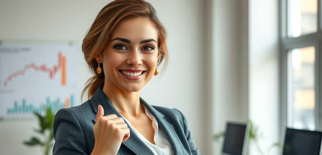 Empowered female entrepreneur with a confident money mindset for women entrepreneurs, in a bright office with financial charts.