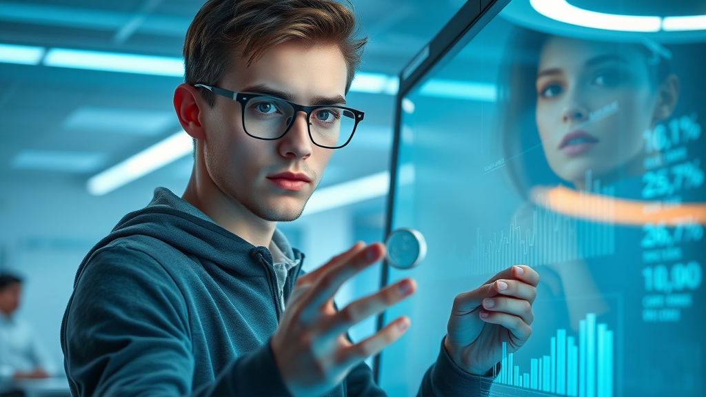 analytical young adult studying money mindset charts and coins neon tech office futuristic