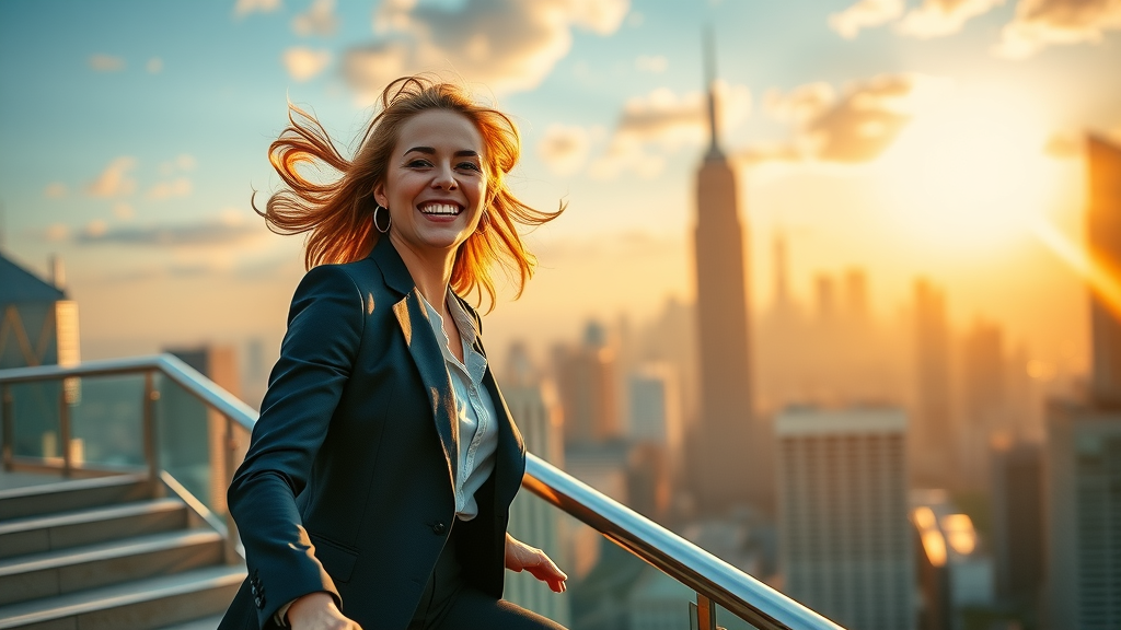 confident businesswoman inspiring smile climbing stairs money mindset city sunrise skyscraper