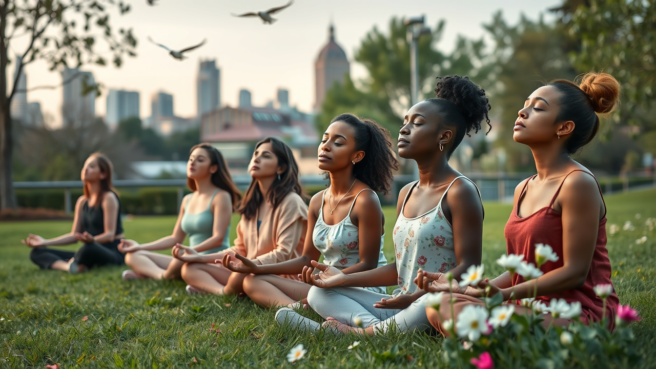 Group of diverse adults meditating in a peaceful urban park, relaxation techniques for mental health