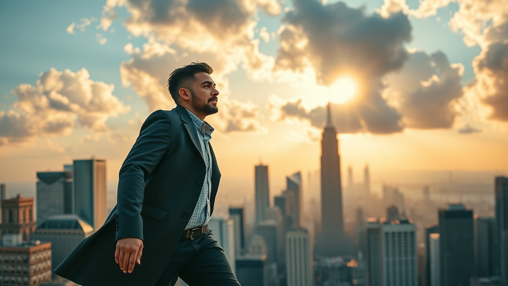 motivated entrepreneur taking action after overcoming money blocks in business, city skyline sunrise