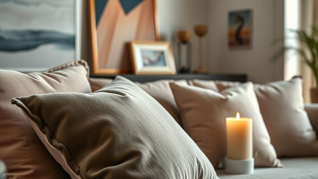 Luxury lifestyle tips for living space: velvet pillows, scented candles, and elegant artwork in a luxury home.