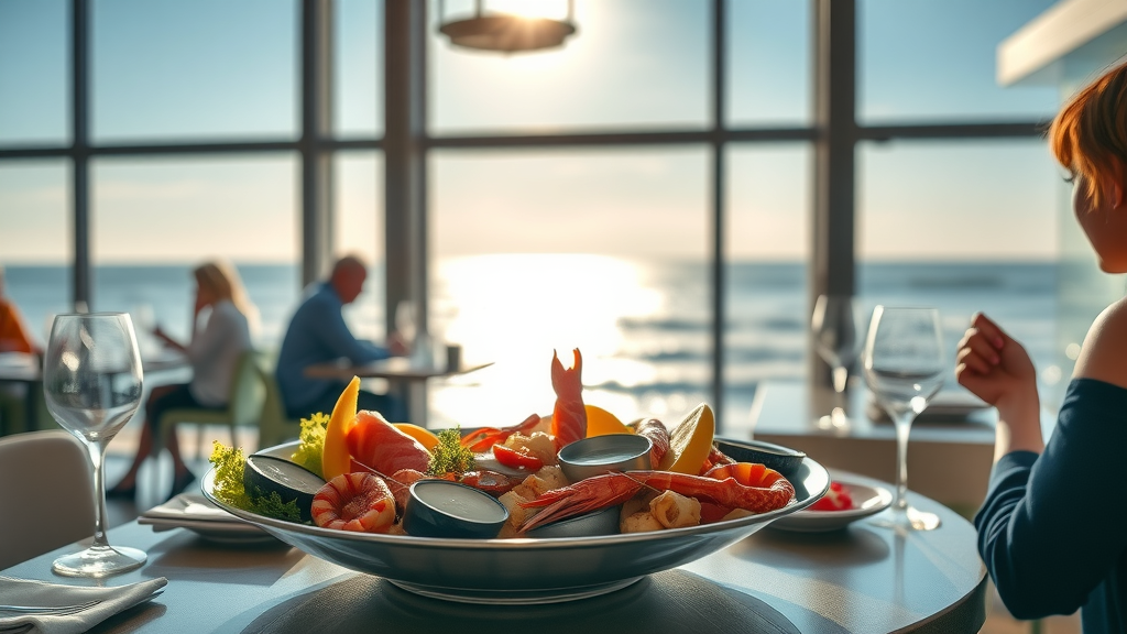 Serene gourmet seafood platter overlooking sunlit ocean with diners enjoying panoramic sea views – best fine dining restaurant atmosphere
