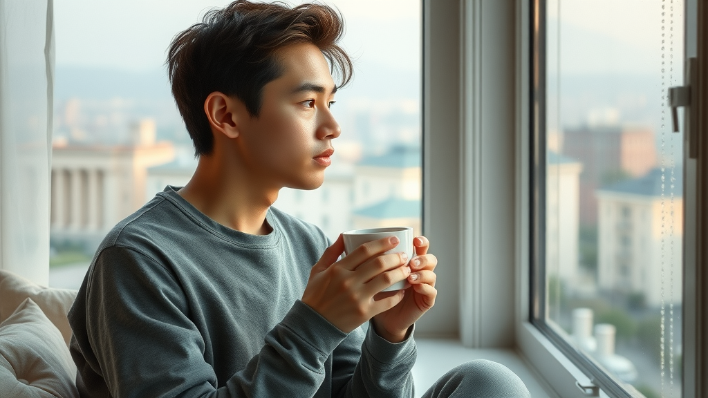 young adult contemplating inner voice guidance while looking out window and sipping tea