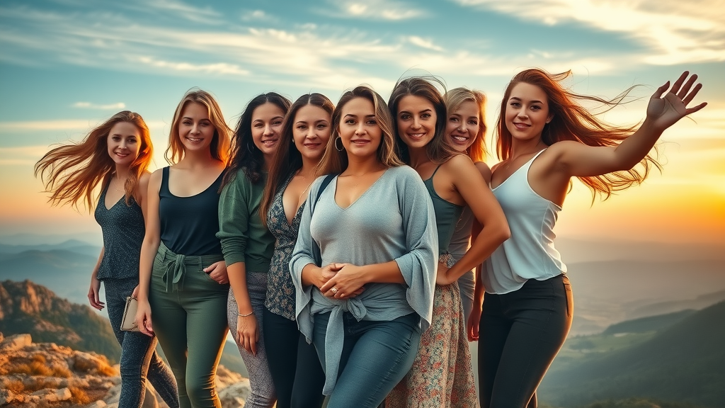 Confident diverse group of women atop a mountain at sunrise, embodying how women ignite inspiration by listening to their inner voice