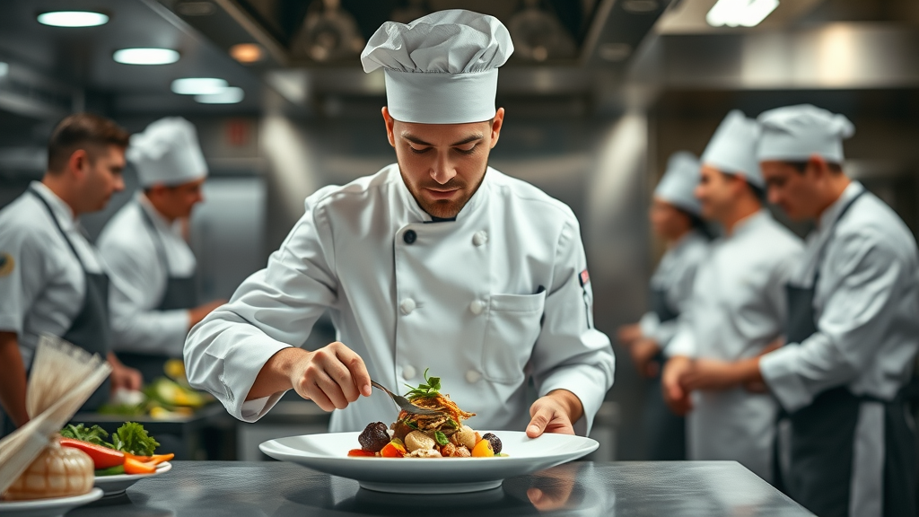 Exclusive world-class chef plating a beautifully intricate dish with team in action, stainless steel kitchen, fresh ingredients, focused ambiance – dining experience at best restaurants for fine dining