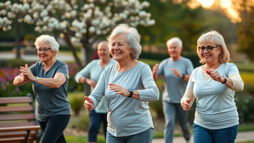 Older adults participating in gentle group fitness and recreation activities, smiling together in a sunlit park.