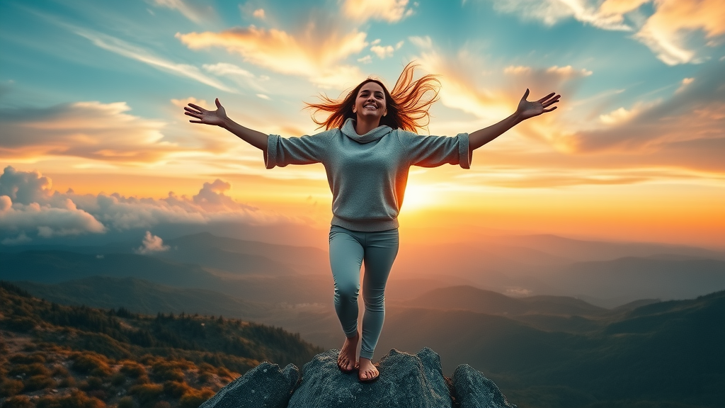 Joyful woman celebrating success atop a mountain, channeling female motivation and inspiration at sunrise