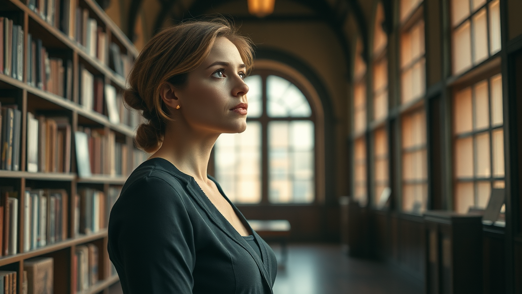 inspirational woman standing thoughtfully in a library, highlighted by warm light, representing strong women and introspection