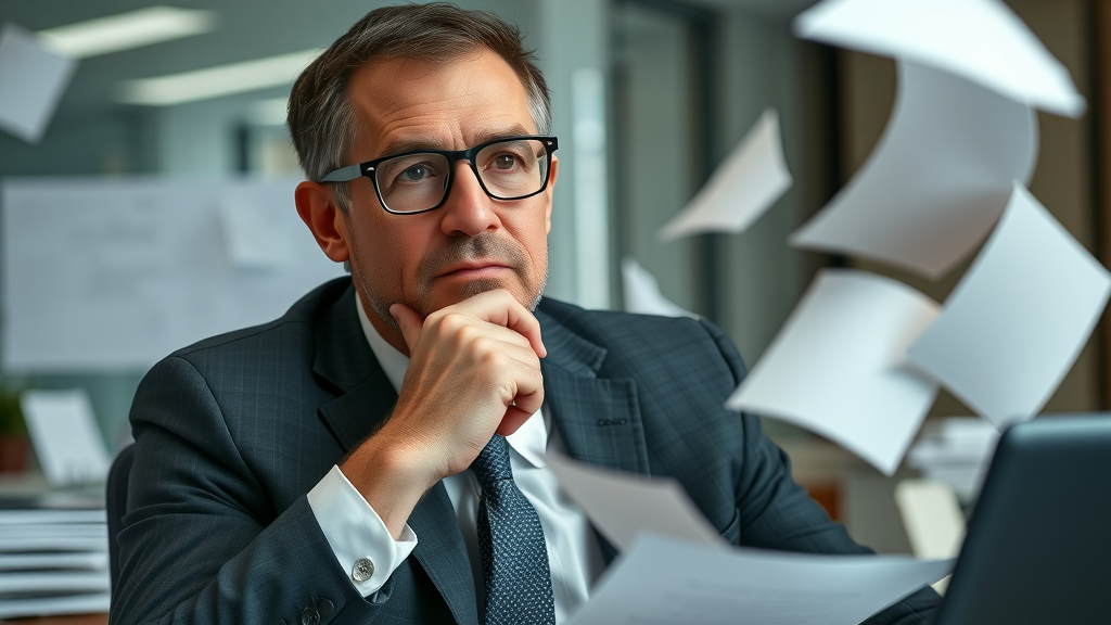thoughtful businessperson identifying money blocks at a desk, contemplating overcoming money blocks in business