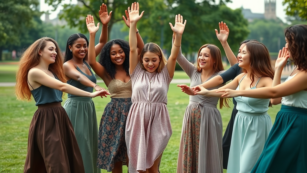 Diverse women from around the globe joined in unity, holding hands, symbolizing global female motivation and inspiration