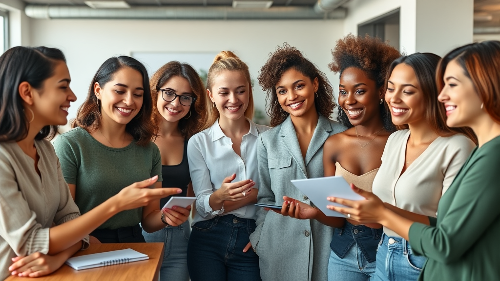 group of women entrepreneurs collaborating branding for women-owned businesses, modern coworking space, business branding materials, teamwork