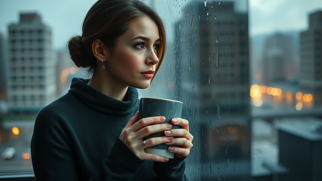 Woman gazing out rain-soaked window, contemplating how women ignite inspiration by listening to their inner voice