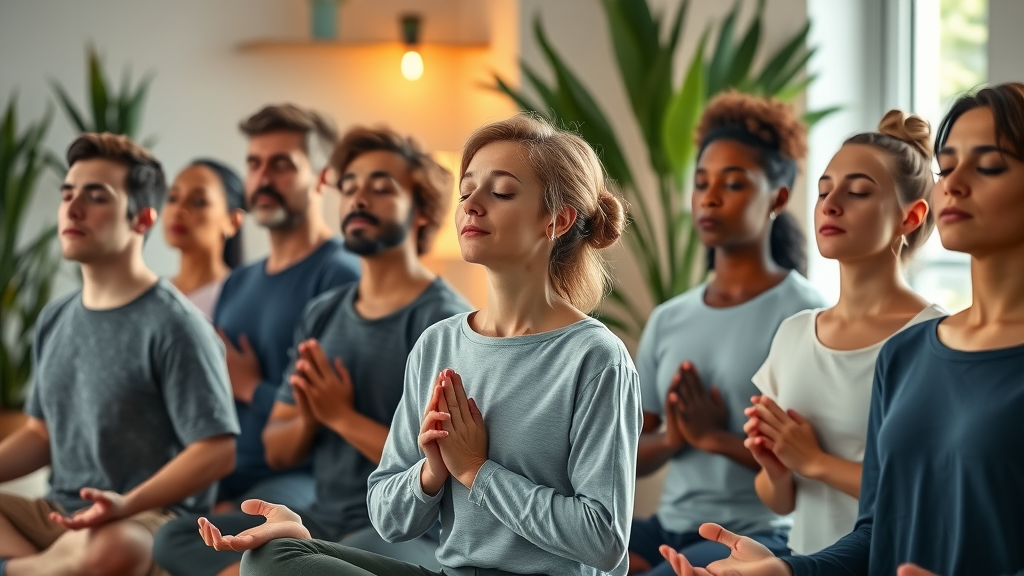 Group practicing mindful breathing and meditation for mental health