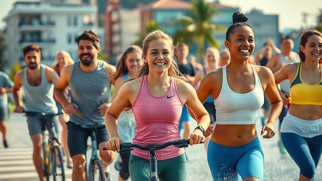 Energetic individuals jogging, cycling, swimming, and practicing yoga showcasing the variety of fitness and recreation activities in urban and natural settings.
