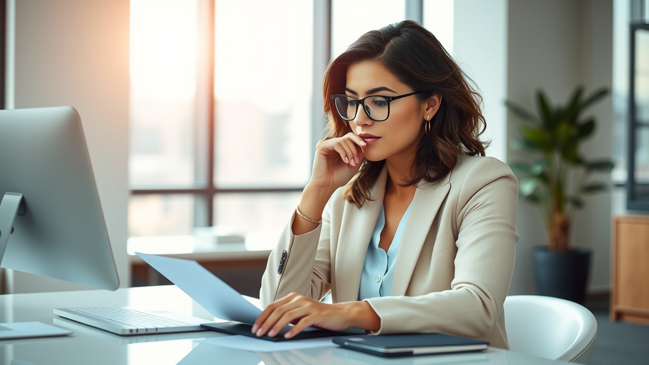 thoughtful business professional reviewing personal finances with a positive money mindset
