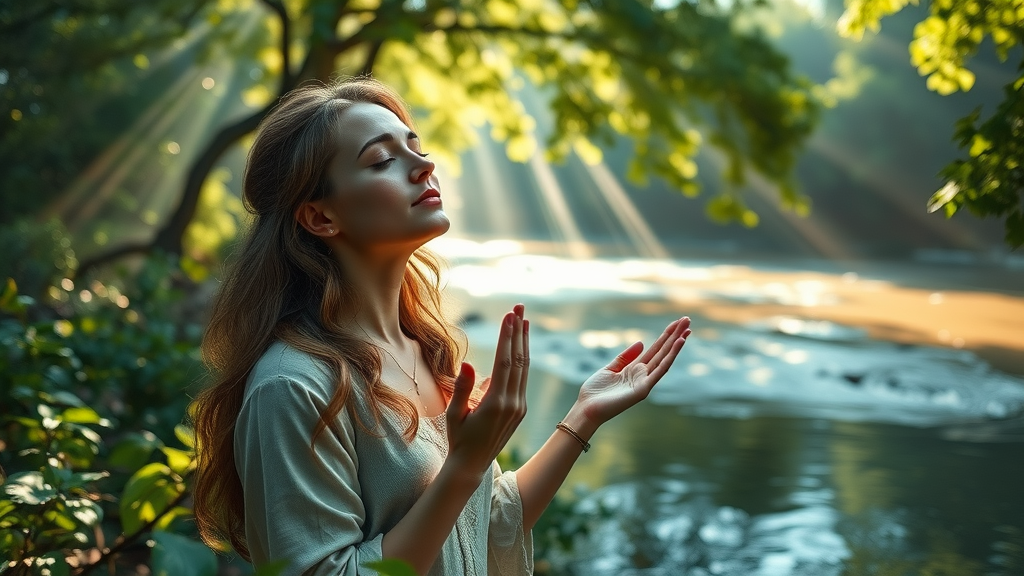 peaceful spiritual woman praying meditating grow spiritually Christian growth lush nature garden