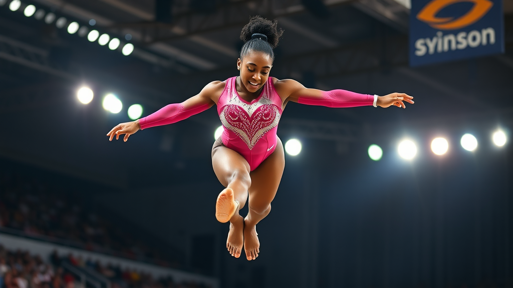 dynamic Simone Biles mid-air performing gymnastics, embodying the strength and ambition of a female athlete