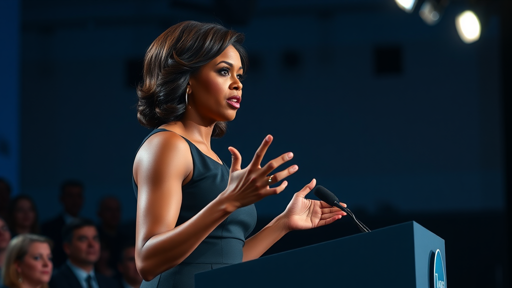 Michelle Obama inspiring female motivation and inspiration at a podium, spotlighted, dynamic body language, empowering American women