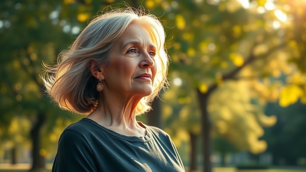 inspirational mature woman living with purpose gazing thoughtfully in a sunlit park