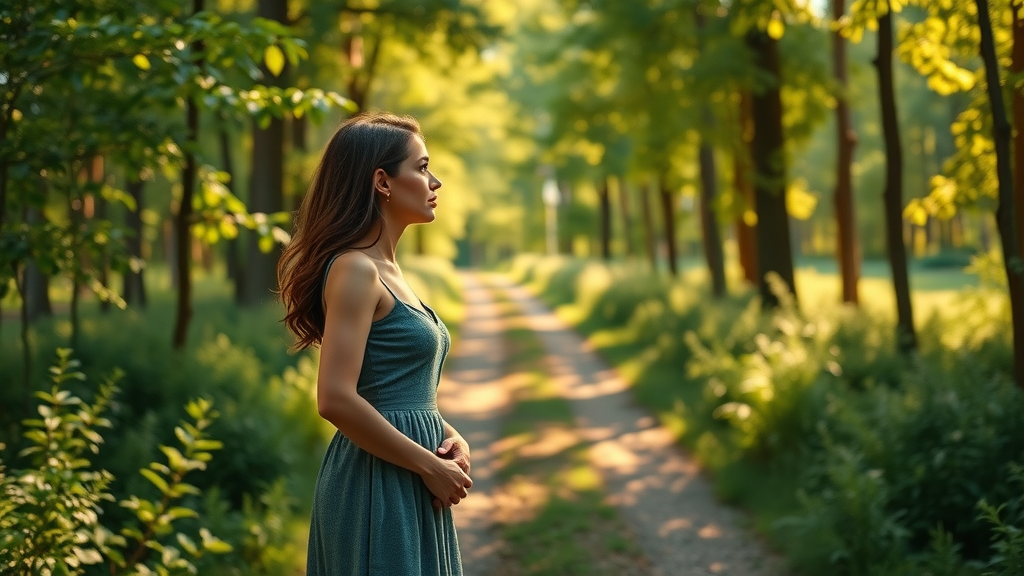 inspirational female leader considering inner voice guidance at a forked path in a sun-dappled forest
