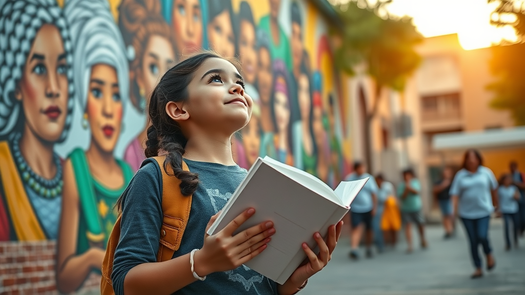 young girl holding a book looking up at a mural of famous women leaders, representing the future impact of inspirational women stories