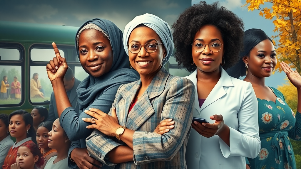 collage featuring world-changing women like Rosa Parks, Malala, Marie Curie, Oprah, and Wangari Maathai, set in their impactful environments, representing inspiring women stories