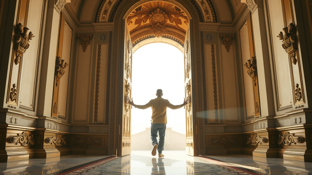 personal story bold move mature adult opening ornate door new opportunity success