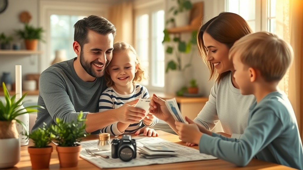 happy family positive counting money mindset together sunlit home plants children