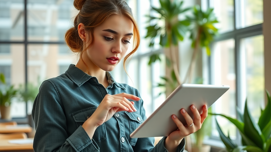 cash flow, young woman entrepreneur analyzing financial charts on digital tablet, bright coworking space