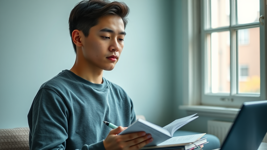 Practical step to authentic living: calm person journaling at minimalist workspace, gentle light