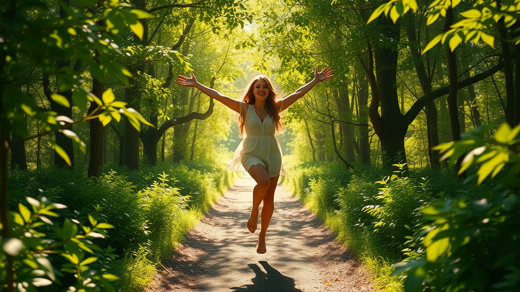 Personal authentic living story: hopeful individual stepping into sunlit forest path