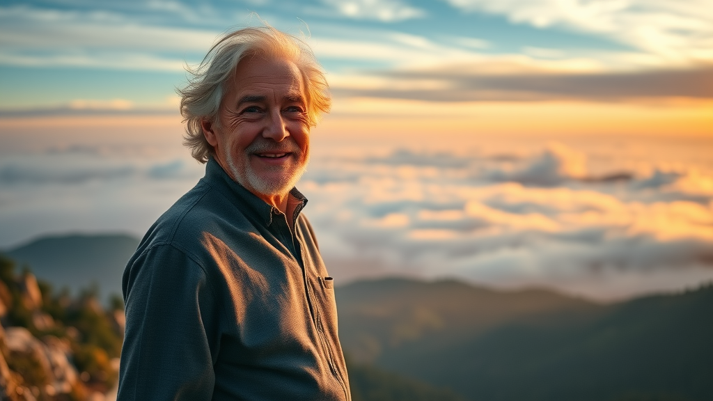 confident senior celebrates lifelong personal growth through inner voice guidance on scenic overlook