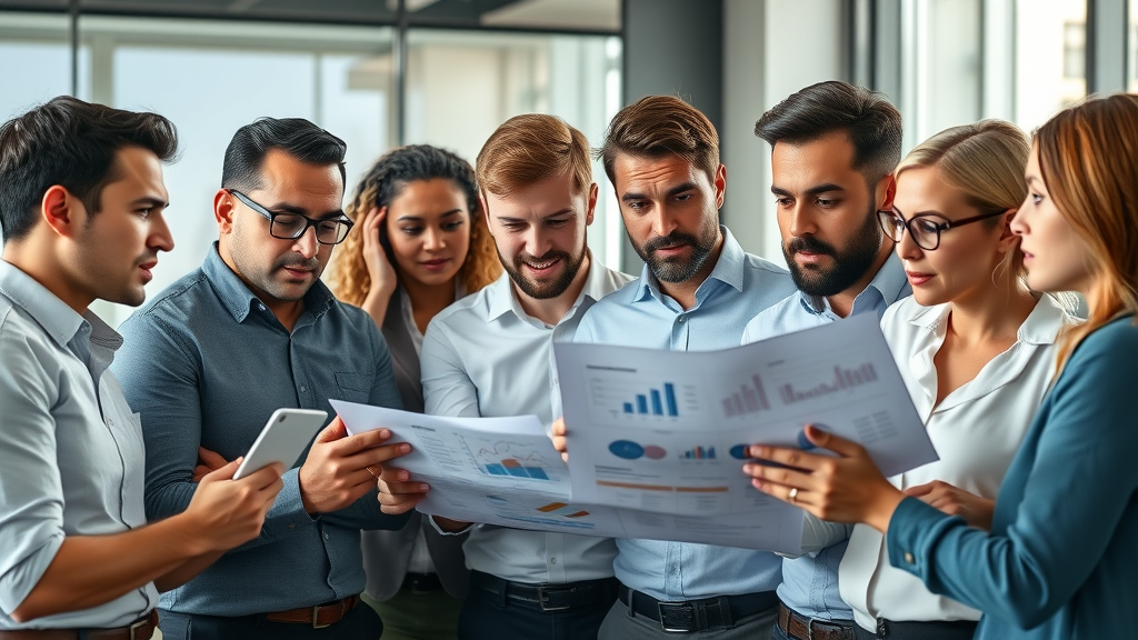 overcoming money blocks in business, diverse entrepreneurs reflecting on finances in a modern workspace with data charts