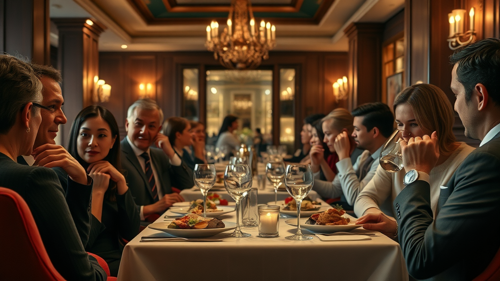 Elegant candle-lit fine dining restaurant interior with sophisticated diners savoring gourmet dishes, plush velvet seating, warm lighting, and pristine crystal glassware – best restaurants for fine dining
