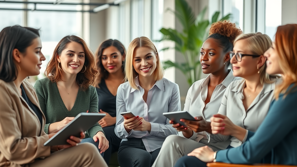 Diverse group of women entrepreneurs networking and supporting each other in their money mindset for women entrepreneurs.