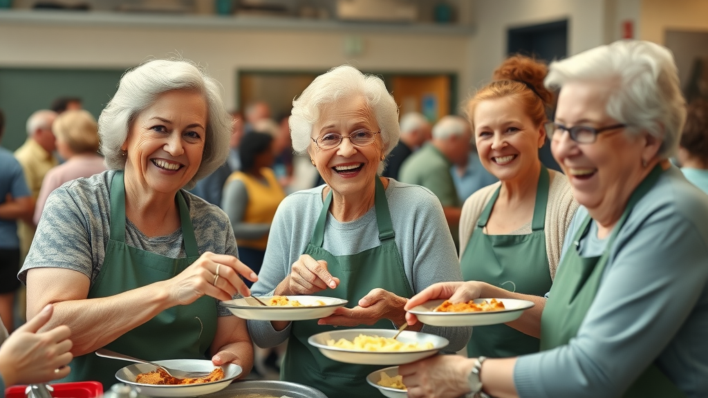joyful elderly volunteers living with purpose, serving food at a community center