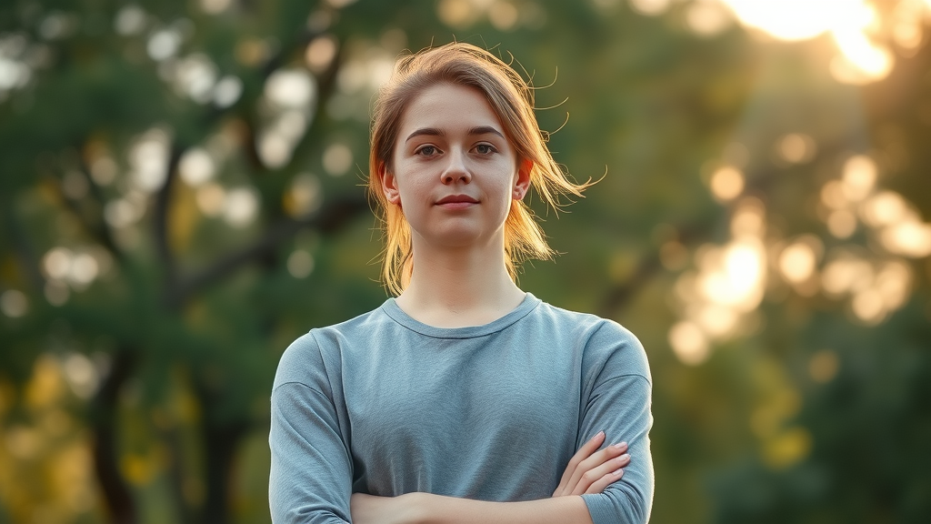 Authentic living: inspiring confident individual standing tall facing forward, serene expression in golden hour sunlight