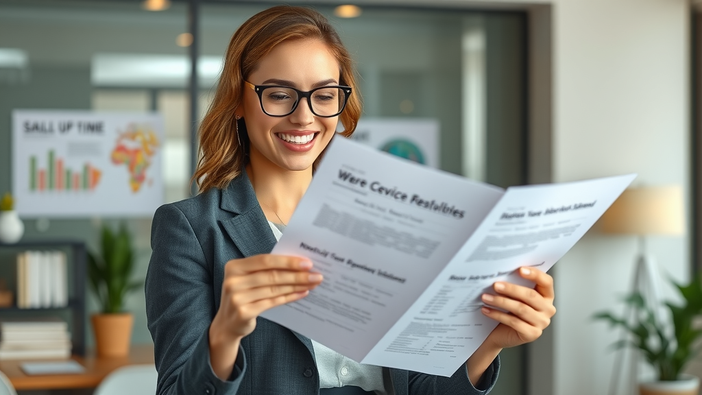 female entrepreneur financial habits, confident female entrepreneur in a modern office, reviewing financial reports