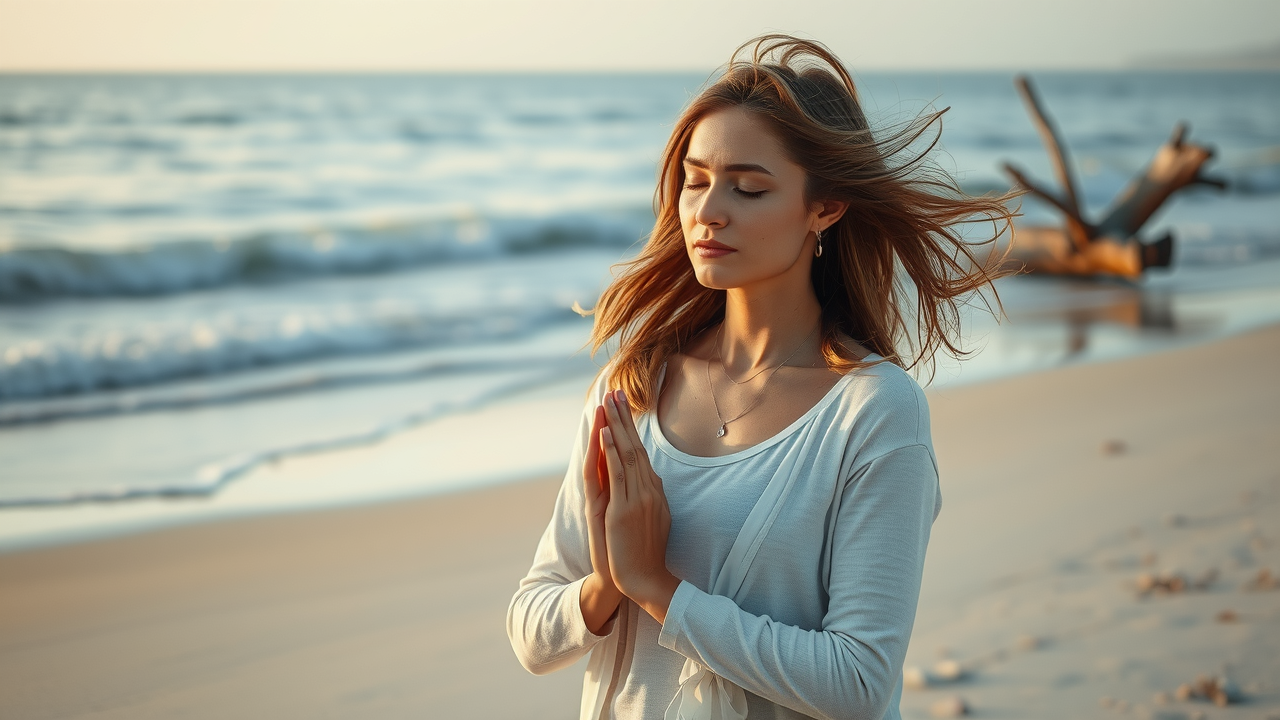 Man and woman practicing deep breathing relaxation techniques on a serene beach