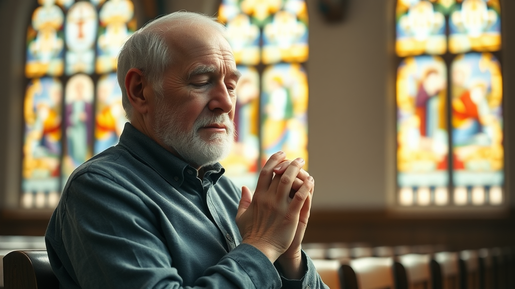 peaceful elderly man living with purpose, praying in a sunlit church