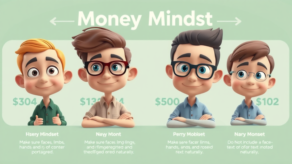 informative concept panel four core money mindsets abundance scarcity growth fixed illustrated characters