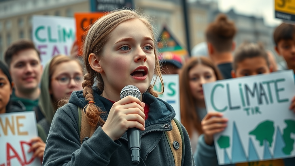 Greta Thunberg speaking at a climate rally surrounded by diverse youth, illustrating the impact of strong women on environmental change