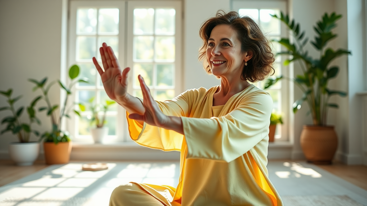 woman performing seated tai chi for relaxation and stress relief in a sunlit living room with plants