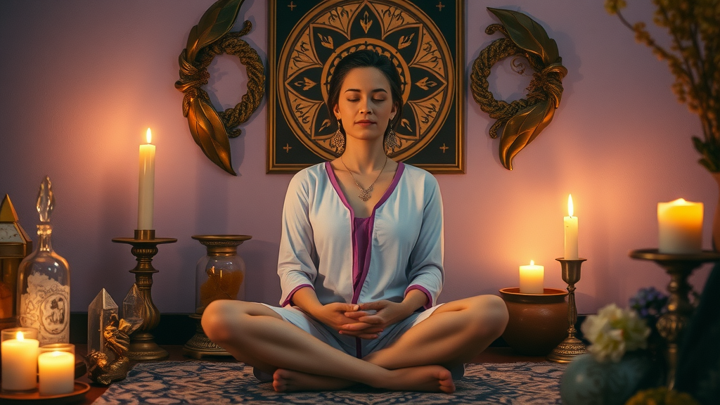 Woman meditating in a peaceful candlelit corner, cultivating intuition and purpose