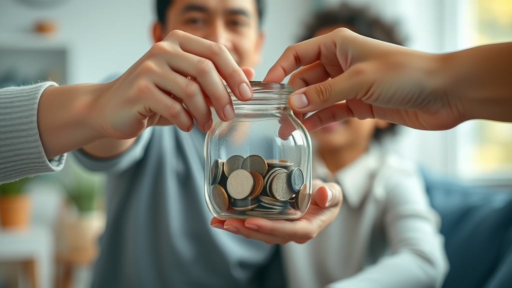close-up hands exchanging coins savings jar money mindset airy home environment