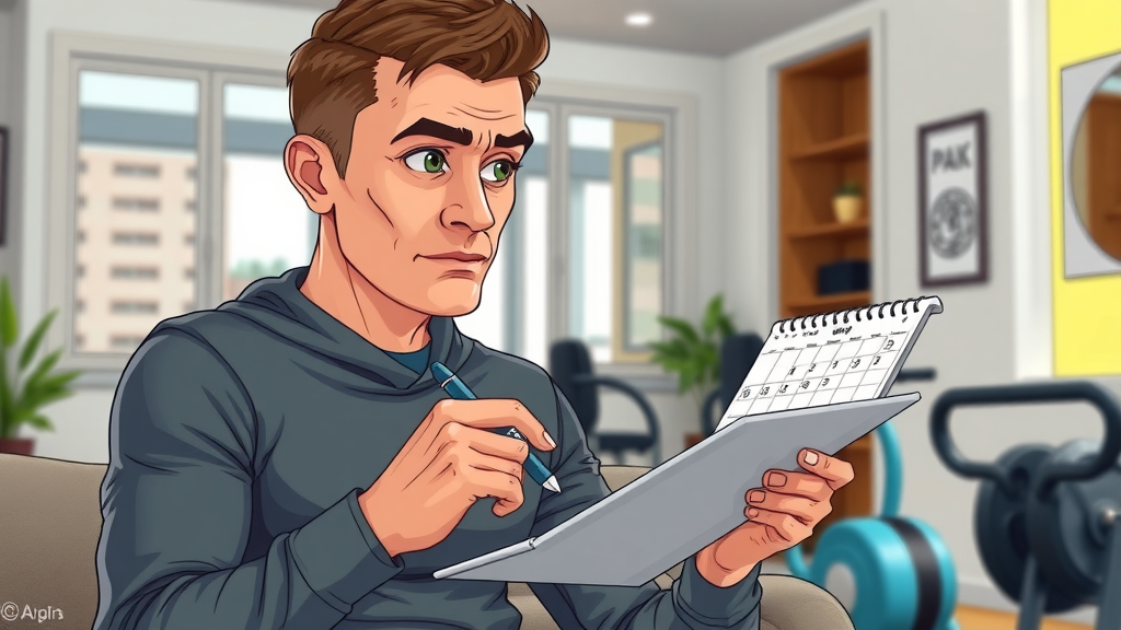 Individual planning weekly fitness and recreation activities using a digital calendar and fitness equipment at home.