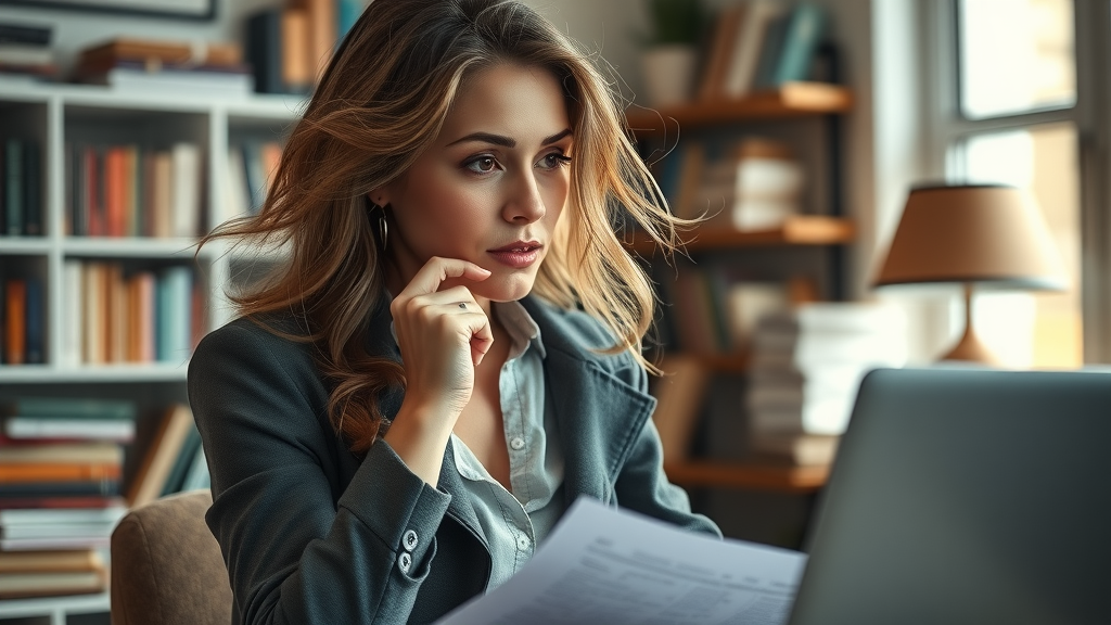 woman entrepreneur, introspective, planning finances, cozy home office, books and laptop